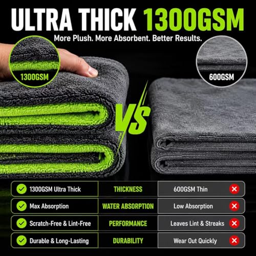 Microfiber Car Drying Towel & Chenille Wash Mitt Set, 1300 GSM 16 x 24 in Absorbent Auto Detailing Towel, Scratch-Free Car Wash Cloth and Mitt for Washing, Drying, Detailing, Gray Green