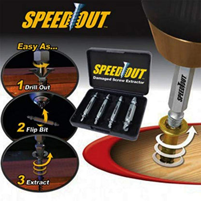 Speed Out Screw Remover, 4Piece Extractor Kit, Speed Steel Damaged and Stripped Screw Extractor Remover, Broken Bolt and Damaged Screw Extractor