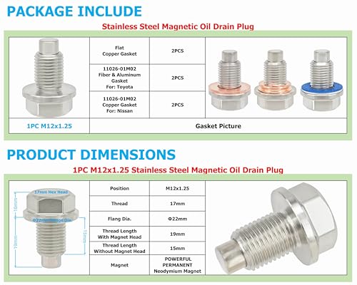 1PC M12x1.25 Stainless Steel Magnetic Engine Oil Drain Plug Fit Toyota Corolla 4Runner Camry Highlander Prius RAV4 Sienna Tacoma Venza Yaris Lexus Nissan Infiniti John Deere 90341-12012 11128-01M00 - size: M12x1.25