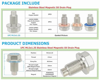 1PC M12x1.25 Stainless Steel Magnetic Engine Oil Drain Plug Fit Toyota Corolla 4Runner Camry Highlander Prius RAV4 Sienna Tacoma Venza Yaris Lexus Nissan Infiniti John Deere 90341-12012 11128-01M00 - size: M12x1.25