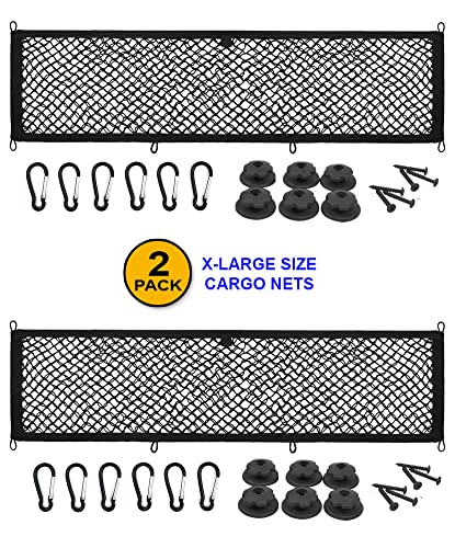 [2 PACK] JAVOedge Extra Large Cargo Net for Car, SUV, Truck, RV, Boat – Elastic Storage Mesh Organizer with Built‑In Hooks, 12 Screws & 12 Carabiners – Heavy‑Duty Trunk Cargo Net & Vehicle Storage Bag - size: Extra Large (45.27 Inches x 9.8 Inches)