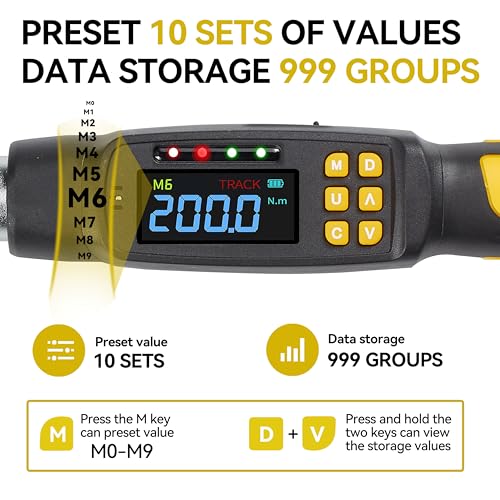 1/2" Drive Digital Torque Wrench, 4.4-147.5 ft-lb, SAE and Metric | ±2% Accuracy Electronic Torque Wrench with 72-Tooth Ratchet, Buzzer and LED Indicator, for Automotive, Car, Motorcycle - size: 1/2" 200Nm Wrench
