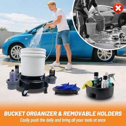 ROBLOCK 5 Gallon Bucket Dolly Roller with Dirt and Grit Traps Insert, Car Hose Guide, Bucket Tool Organizer, 3 Removable Bottle Holders, 5-in-1 Car Wash Kit for Cleaning Detailing Carrying