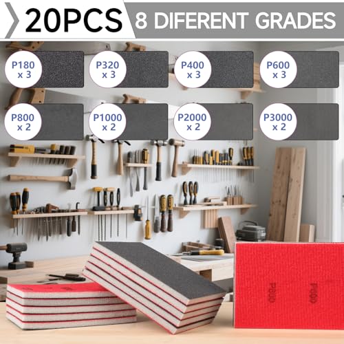 20Pcs Sanding Sponge 180-3000 Grit Soft Foam Hand Sander Block | 3x4 Inch Soft Foam Absorbs Vibration, Hook and Loop Backing, Reduces Hand Fatigue - size: 20pcs Mix Grit, style: Aluminum