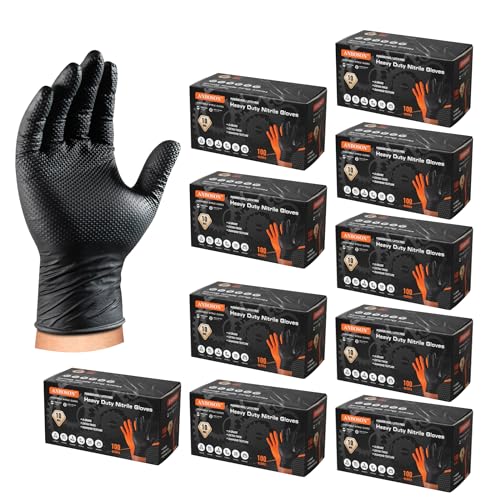 ANBOSON 10 Mil Nitrile Disposable Gloves Heavy Duty Mechanic Gloves Raised Diamond Texture Thick (Black of 1000, Medium) - color: Black of 1000, size: Medium