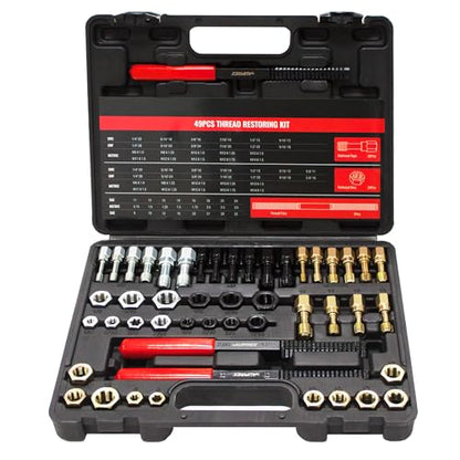 AUPREX 49Pcs Thread Chaser Set, UNC, UNF & Metric Thread Repair Kit with Taps, Dies and Thread Files for Re-Threading, Universal Metric and SAE Thread Chaser Kit - size: 49Pcs Metric&SAE