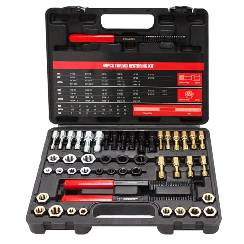 AUPREX 49Pcs Thread Chaser Set, UNC, UNF & Metric Thread Repair Kit with Taps, Dies and Thread Files for Re-Threading, Universal Metric and SAE Thread Chaser Kit - size: 49Pcs Metric&SAE