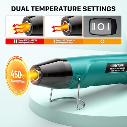 SEEKONE 350W Mini Heat Gun, Dual-Temp Model 500℉ & 842℉（260℃ & 450℃）Fast Heat Hot Air Gun with Overheat Protection and Reflector Nozzle for Heat Shrinking Tubes, Shaping, PVC Tubing（4.9FT） - color: Blue