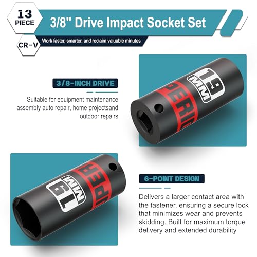 13 Piece 3/8" Drive Impact Socket Set, 7 mm-19 mm Deep Socket, Metric, 6 Point, Automotive Motorcycle and Bicycle Maintenance, Machinery Manufacturing - size: 3/8" Deep Metric