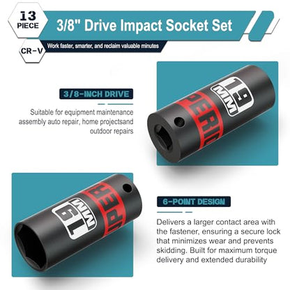13 Piece 3/8" Drive Impact Socket Set, 7 mm-19 mm Deep Socket, Metric, 6 Point, Automotive Motorcycle and Bicycle Maintenance, Machinery Manufacturing - size: 3/8" Deep Metric