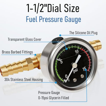 Fuel Pressure Gauge Kit, 0-15psi Glycerin Filled Fuel Pressure Gauge Kit, 1-1/2" Dial Size Fuel Pressure Gauge for Car, 1/8'' NPT Inline Fuel Pressure Gauge with 3/8'' 5/16'' Barb, Back Mount