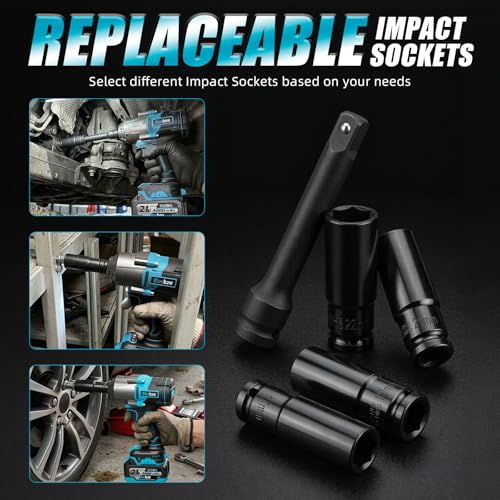 Bluebow Cordless Impact Wrench, 960 ft-lbs (1300 N·m) Brushless Impact Wrench with 2x4.0Ah Battery, 1/2" 3-Speed Modes Impact Gun with 4 Sockets for Pickup, Truck, Home Car