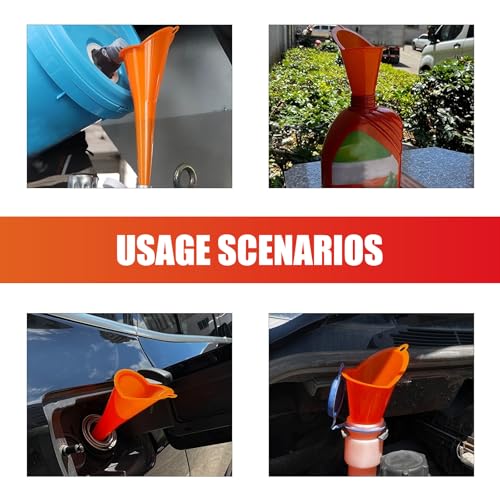 2 PCS Long Neck Oil Funnel, Multi Purpose No Spill Spill Saver Funnels with Hanging Loop Hand-Free Plastic Funnel, Portable Maintenance Tool for Automotive Oils Lubricants (Red+Orange)