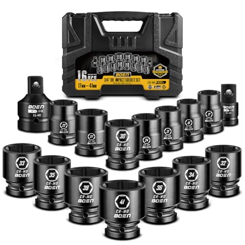 boen 3/4" Drive Metric Socket Set, 17mm - 41mm Large Impact Sockets, 6-Point CR-MO Steel, Rugged Construction,16PCS with a Storage Case, for Large Vehicle and Machinery Maintenance - size: 17mm-41mm