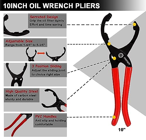 5Pcs Adjustable Oil Filter Pliers Set, Universal Oil Filter Removal Tool with Small Oil Funnel, 10" & 12" & 14" & 16" Oil Fliter Wrench From 1-1/4" to 8-1/2" - size: 5 PACK