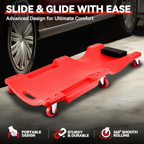Auto Dynasty 36 Inches Mechanic Creeper, Automotive Garage Repair Low Profile Under Car Rolling Creeper with Padded Headrest, Plastic, Red - color: Red, size: 36" L