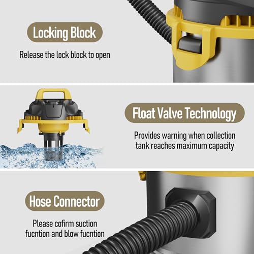 5 Gallon Wet Dry Vacuum Cleaner, Stainless Steel Shop Vacuum with Blower Function, Powerful Suction for Dust, Debris & Liquid, Ideal for Garage, Workshop, Home, Car, Pet Hair & Pool Cleaning