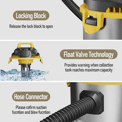 5 Gallon Wet Dry Vacuum Cleaner, Stainless Steel Shop Vacuum with Blower Function, Powerful Suction for Dust, Debris & Liquid, Ideal for Garage, Workshop, Home, Car, Pet Hair & Pool Cleaning