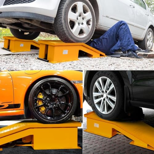 Heavy Duty Truck Ramps for Oil Changes, 20 Ton Capacity Car & Truck Service Ramps, Wide Wheel Lift Ramps for Maintenance, Pair, Yellow