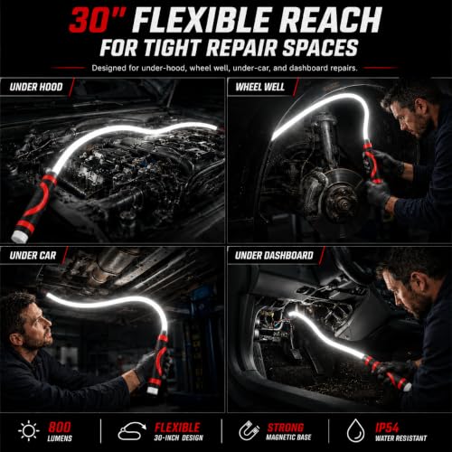 Flexible LED Light Stick 30", Rechargeable Bendable Mechanic Work Light, 1200 Lumens Inspection Light with 360° Flexible Neck, IPX6 Waterproof for Car Repair, Under Hood, Garage and Tight Spaces