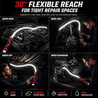 Flexible LED Light Stick 30", Rechargeable Bendable Mechanic Work Light, 1200 Lumens Inspection Light with 360° Flexible Neck, IPX6 Waterproof for Car Repair, Under Hood, Garage and Tight Spaces