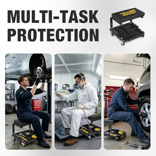 YELLOW JACKET Mechanic Rolling Stool 250 Lbs Capacity, Garage Stool on Wheels with Tool Tray Storage, Work Stools with Wheels for Garage, Shop, Mechanic Chair with Wheels, Auto Repair - size: Medium