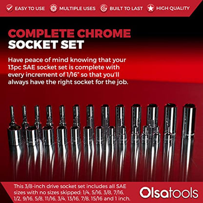 Olsa Tools SAE Shallow Socket Set - 3/8-Inch Drive, 13pc - 6-Point Chrome Sockets 1/4" to 1" and No Skipped Sizes - Mechanic Shallow SAE Socket Set - Professional Grade Short Sockets - Part: 1333 - color: Sae Shallow, size: 13pc, 3/8-Inch Drive