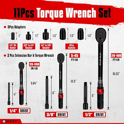 WETT 11Pcs Torque Wrench Set, 1/4'' & 3/8'' & 1/2'' Drive Click Torque Wrench, with Extension Bars & Adapters, Dual-Direction Adjustable Reversible 72-Tooth Ratchet Handle - size: 1/4 & 3/8 & 1/2-inch Drive (11Pcs)