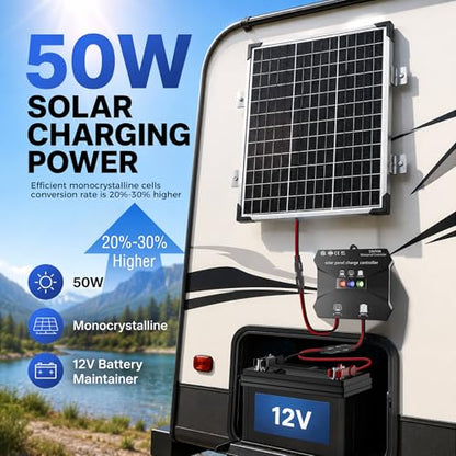 Voltset 50W Solar Panel Kit - 12V Solar Battery Charger Maintainer - IP67 Waterproof Solar Trickle Charger with 10A Smart Charge Controller and Mount Bracket for Boat RV Car Motorcycle Marine Trailer - size: 50W