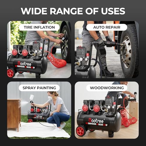 14 Gallon Ultra Quiet Air Compressor with Two Quick Couplers, 2.8HP MAX 115PSI Oil-Free Air Compressor Steel Tanks, 70dB Air Compressor with Wheels for Spray Painting, Auto Repair, Woodwork Nailing - size: 14G