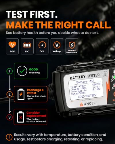 ANCEL BT521 12V Smart Battery Charger and Tester, 5A Lead-Acid Battery Maintainer with Health Test, Cranking Test, Charging System Test, Pulse Desulfator for Car RV Boat Motorcycle Lawn Mower