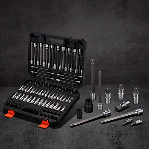 107-Piece Allen and Torx Bit Socket Set, 1/4", 3/8" and 1/2" Drive Hex/Ball End Hex/Extra Long Tamper Proof Torx SAE & Metric Bit Set
