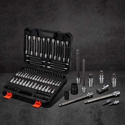 107-Piece Allen and Torx Bit Socket Set, 1/4", 3/8" and 1/2" Drive Hex/Ball End Hex/Extra Long Tamper Proof Torx SAE & Metric Bit Set