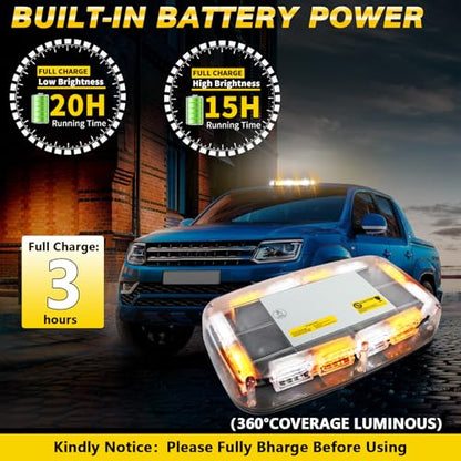 Rechargeable Amber White Emergency Roof Top Strobe Light Wireless Battery, 17 Flashing Modes,High Low Brightness, Warning Lights with Magnetic Base for Construction Vehicles, Trucks, Snow Plow