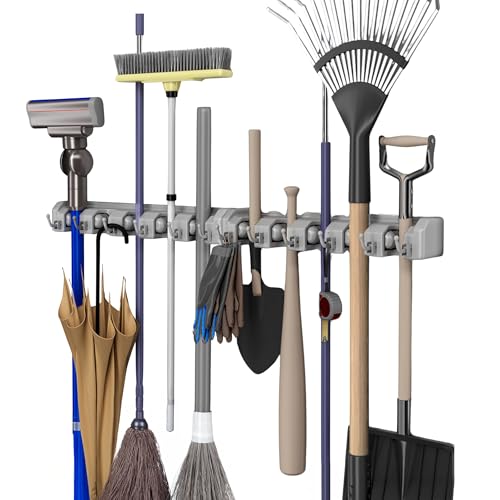 Garden Tool Organizer Wall Mount Broom and Mop Holder, 5 Adjustable Slots and 6 Hooks Utility Rack for Garage or Home Organization, 2-Pack by Stalwart - size: TWO PACK