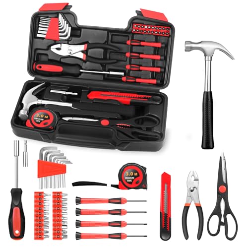 39-Piece Household Tool Set with Toolbox Storage Case - All Purpose Small Hand Tool Kit Includes Essential Tools for Home, Office, College Repairs, Red | Basic Home Tool Set with Storage Case, General Hand Tool Kit for home repairs, Garage Office College