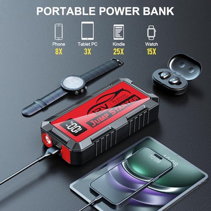 8000A Car Jump Starter, 12V Jump Starter Battery Pack (All Gas,up to 10.0L Diesel Engine) Jumper Cables Portable Lithium Jump Box, USB Output and LED Light (red) - color: red