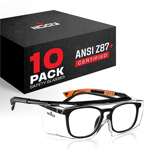 NoCry Safety Glasses Over Eyeglasses for Men and Women with Anti Scratch Lenses and Integrated Side Shields — Adjustable Temples with Anti-Slip Tips — 100% UV Protective Eyewear — ANSI Z87 (10-pack) - color: Black & Orange (10 Pack)