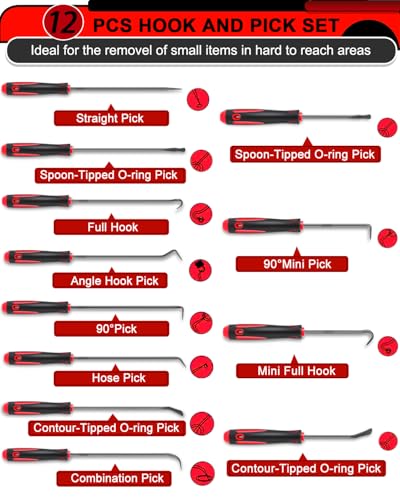 12 Pcs Pick Set Mechanic, Hook and Pick Tool Set with Non-Slip Grip, Long and Short Automotive Pick Set for Oil Seal, O-Ring and Gasket Removal, Car Repair, Mechanical and DIY Use, Black/Red - color: Black/Red