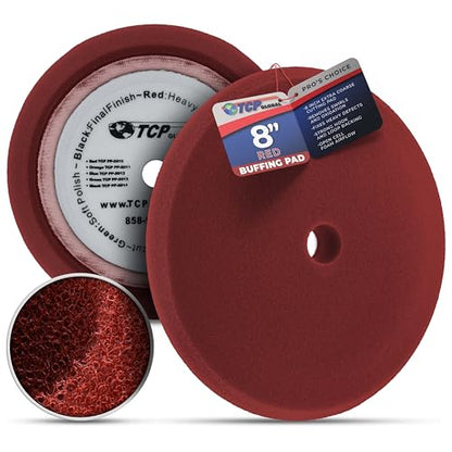 TCP Global 8" Red Foam Buffing Pad Extra Coarse Cutting Polish Hook and Loop Backing - Buffing Pad for Automotive, Marine, Truck, RV & Compound Cutting - color: Red
