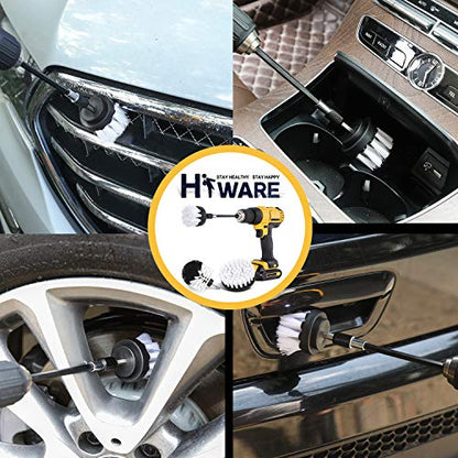 Hiware 4 Pcs Drill Brush Car Detailing Kit with Extend Attachment, Soft Bristle Power Scrubber Brush Set for Cleaning Car, Boat, Seat, Carpet, Upholstery and Shower Door - White