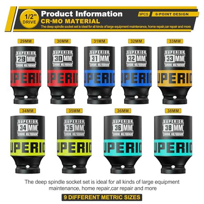 9 Piece 1/2" Drive Impact Socket Set, 29 mm-38 mm Axle Nut Socket, Metric, CR-MO, 6 Point, Large Equipment Maintenance, Home Repair, Car Repair and More - size: 1/2" Heavy Metric