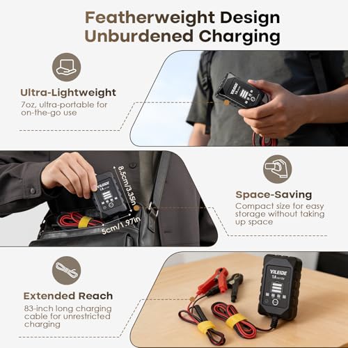 1A Smart Battery Charger for 6V/12V Lead-Acid & 12V Lithium Batteries- Trickle Charger & Desulfator for car Motorcycle Lawn Mower Boat Motorcycle Snowmobile