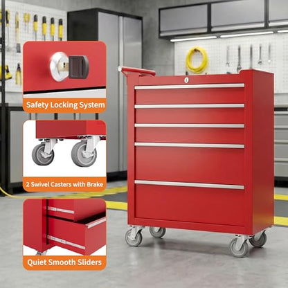 Rolling Tool Box with Wheels – 5 Drawer Heavy Duty Tool Chest Cabinet, Lockable Portable Storage Organizer with Drawer Liners, Mobile Mechanic Toolbox for Garage, Workshop, Shop, Easy Assembly, Red