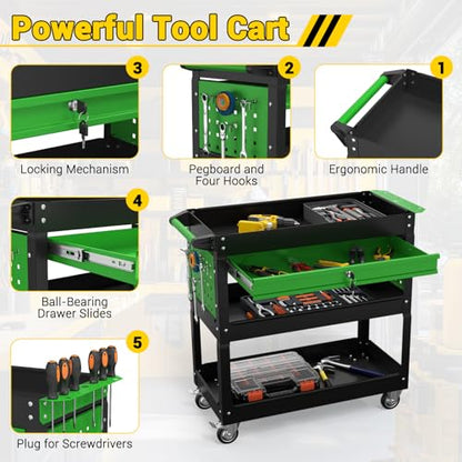 3 Tier Rolling Tool Cart on Wheels, 550 LBS Tool Cart with Drawers，Heavy Duty Utility Cart with Pegboard and Hooks，Mechanic Tool Storage Cart for Garage, Warehouse (Black-Green) - color: Black-green