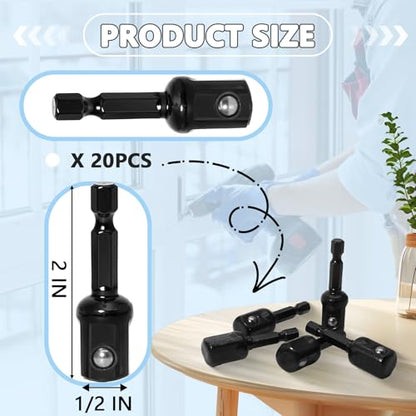 20 Pack 1/2" Square Socket Bit Adapter & Hex Impact Socket Bits | 1/4 Hex Shank, Black, For Drills, Drivers, Impact Wrenches, Automotive DIY Repairs - size: 1/2"