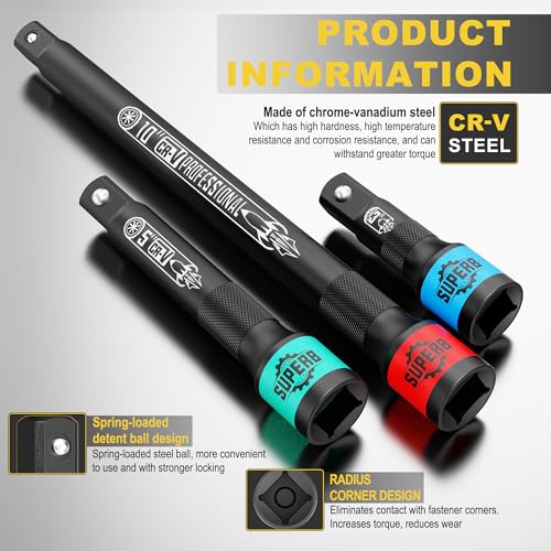 3 Pcs 1/2" Drive Impact Extension Bar Set, 3" 5" 10" Length Socket Extension, CR-V Steel, Narrow and Deep Areas in Bicycle, Automotive Repair or Industrial Operations - size: 1/2" 3-Inch 5-Inch 10-Inch