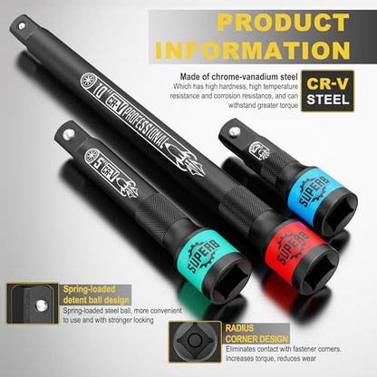 3 Pcs 1/2" Drive Impact Extension Bar Set, 3" 5" 10" Length Socket Extension, CR-V Steel, Narrow and Deep Areas in Bicycle, Automotive Repair or Industrial Operations - size: 1/2" 3-Inch 5-Inch 10-Inch