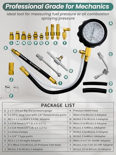 Fuel Pressure Tester Kit 0-140 PSI Fuel Injector Injection Pump Pressure Tester Gauge for Gasoline Cars