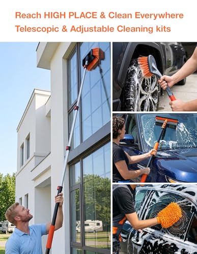 17ft Telescopic Pole with Car Wash Brush and Window Squeegee Kit, 3-12 ft Extension Pole, Bristles Wash Brush, Chenille Mop & Wash Mitt, Wheel Brush for Outdoor Cleaning Supplies for Roof, RV, Truck